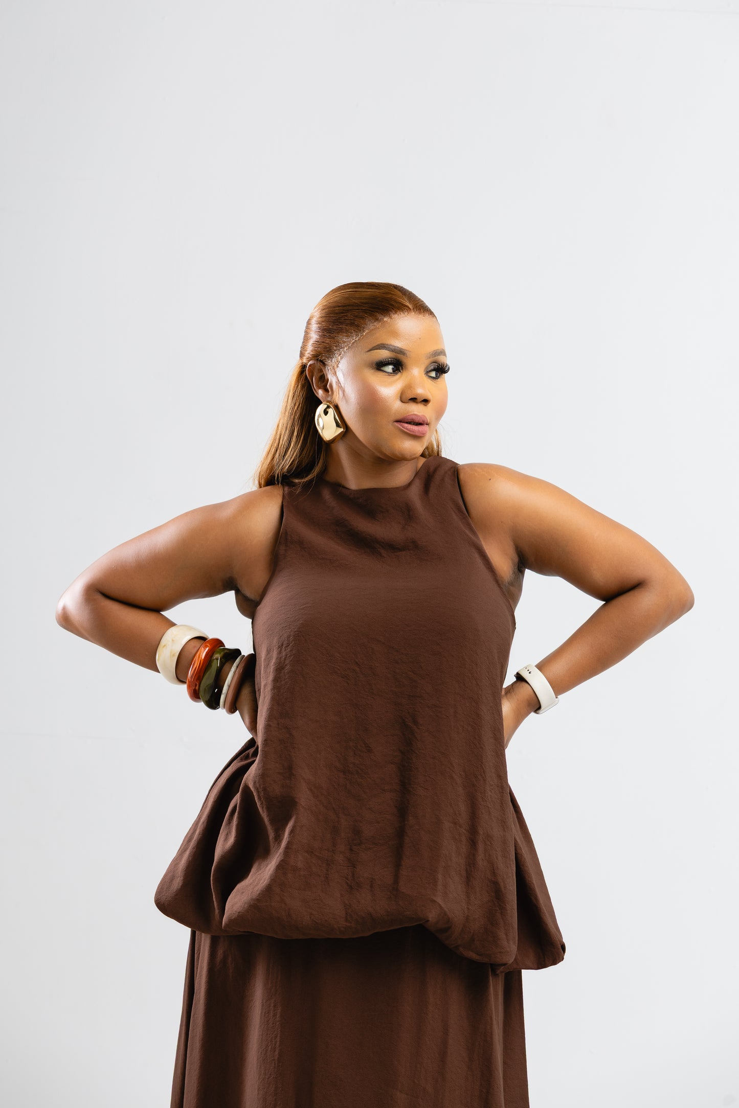 Brown balloon skirt set