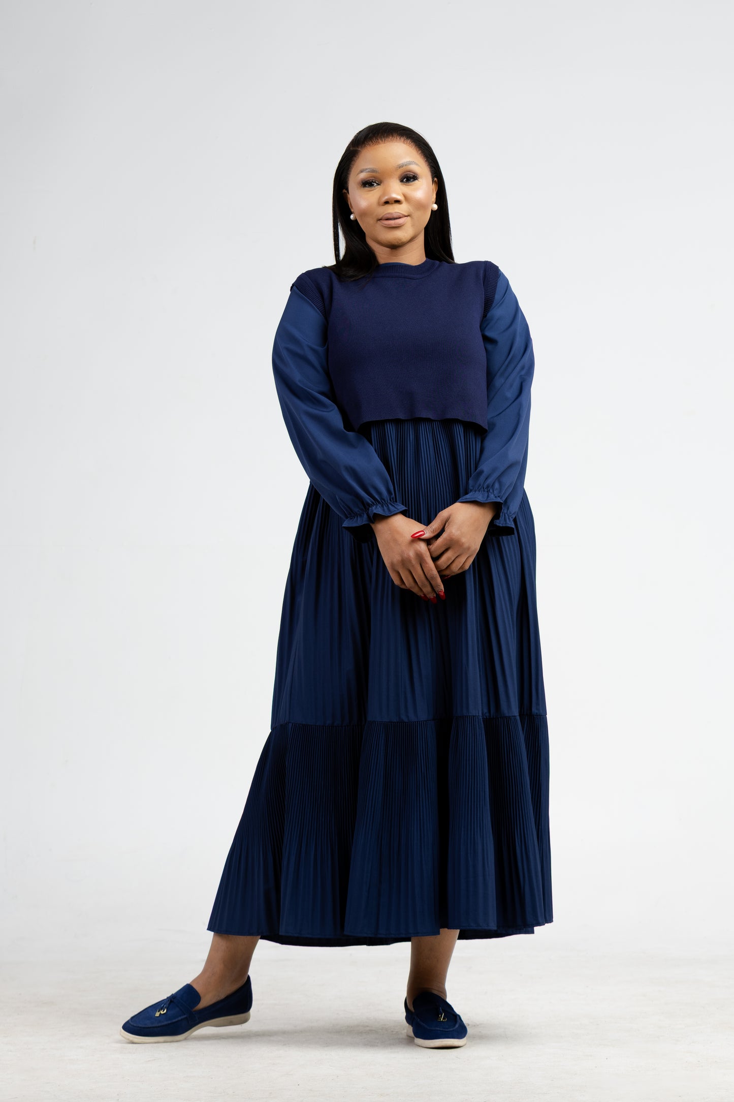 Grace Pleat Dress-Navy