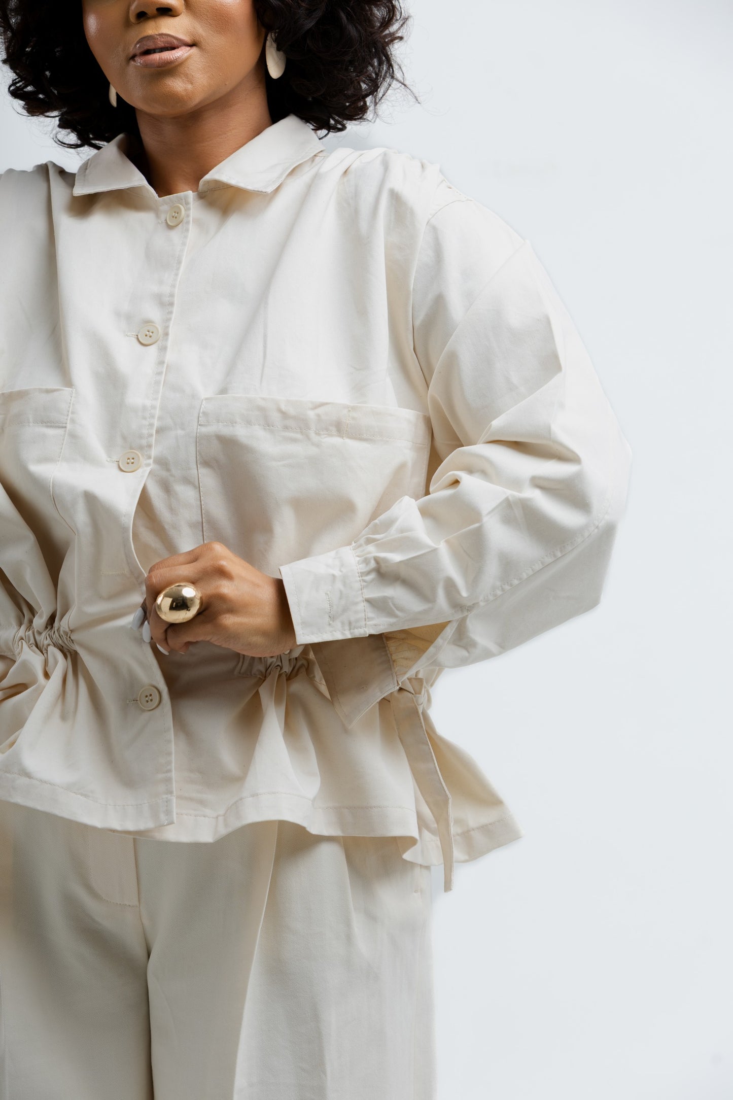 Cream Cinched Waist Balloon Jacket
