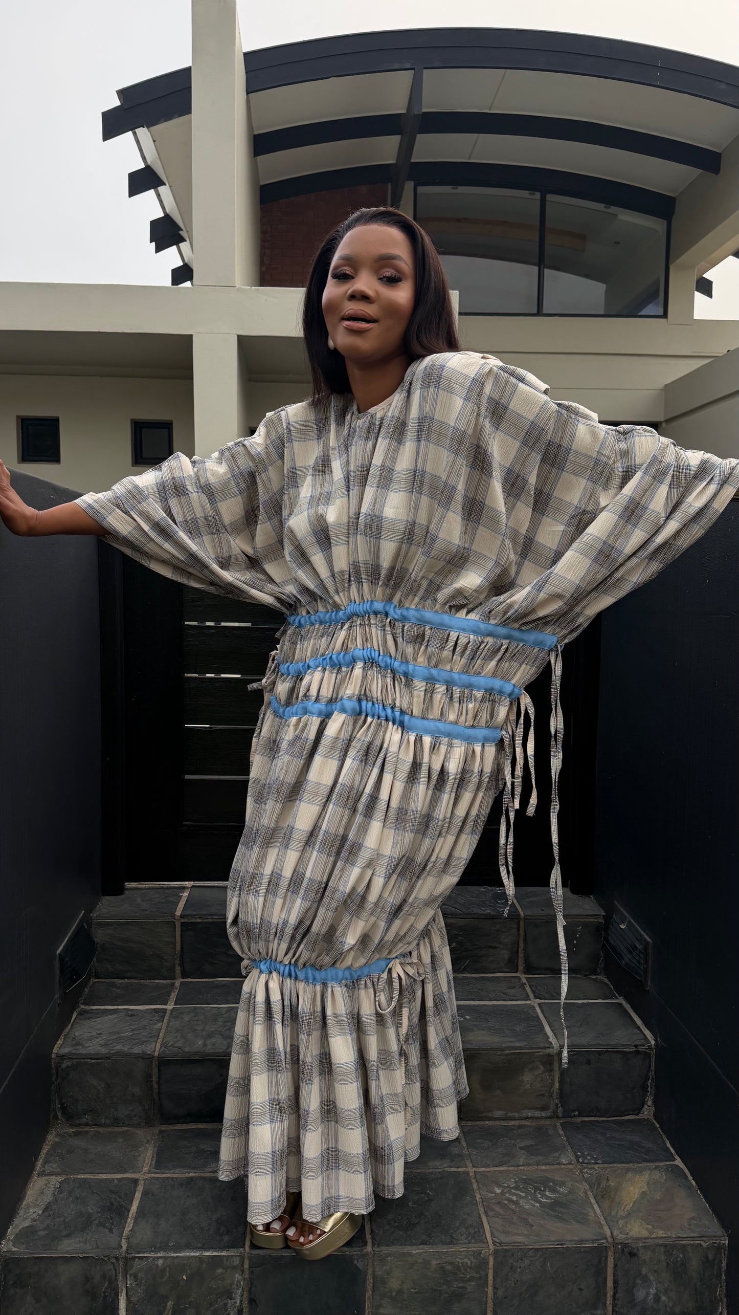 Sky Check Ruched Dress