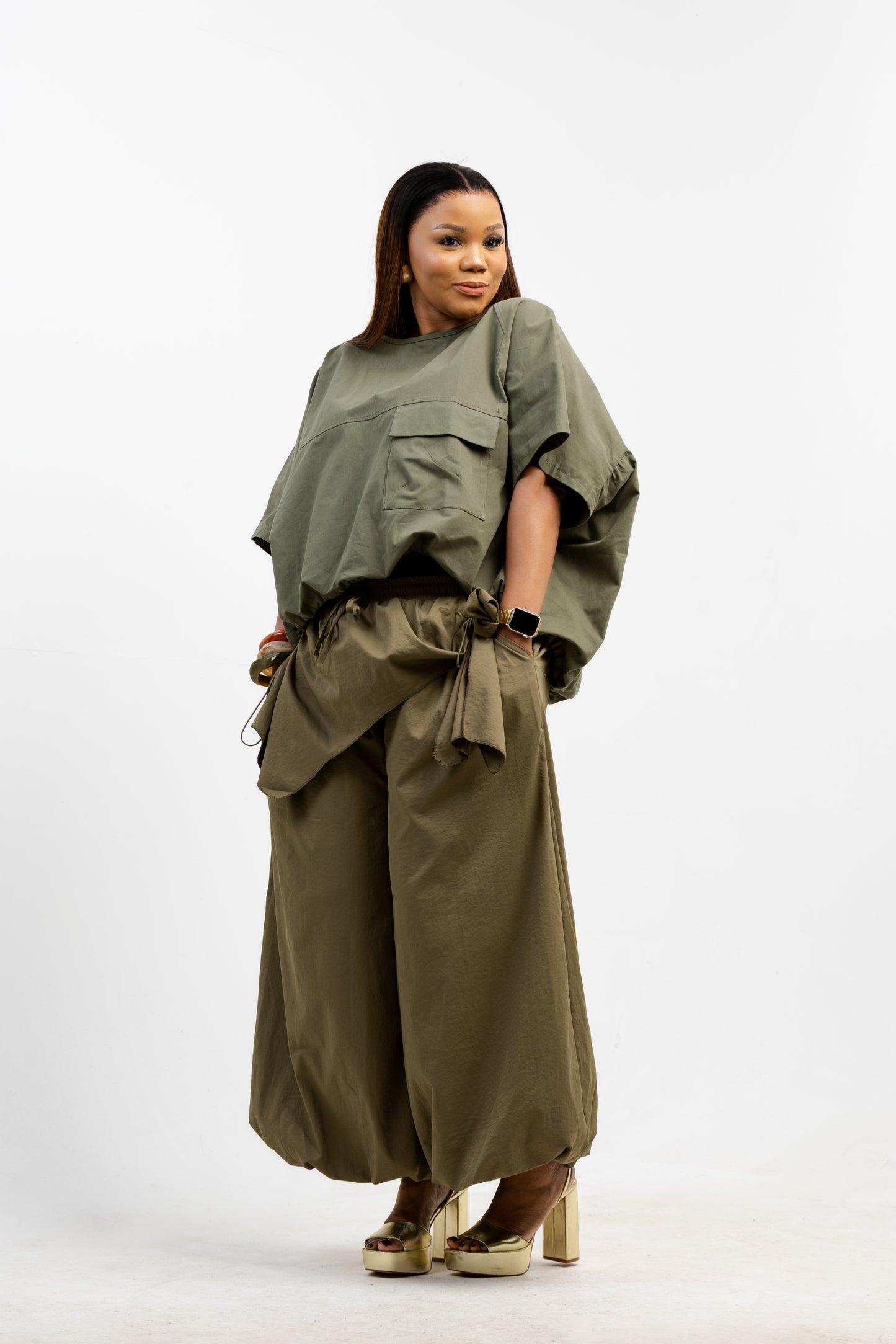 OLIVE BALLOON OVERLAY PANTS