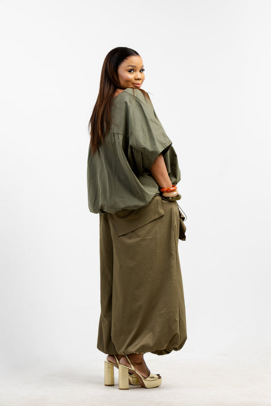 OLIVE BALLOON OVERLAY PANTS
