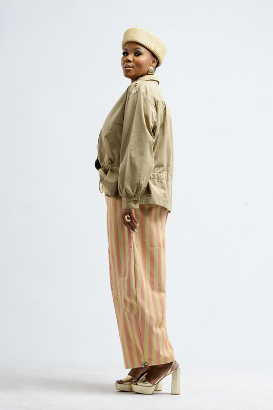 Beige Cinched Waist Balloon Jacket