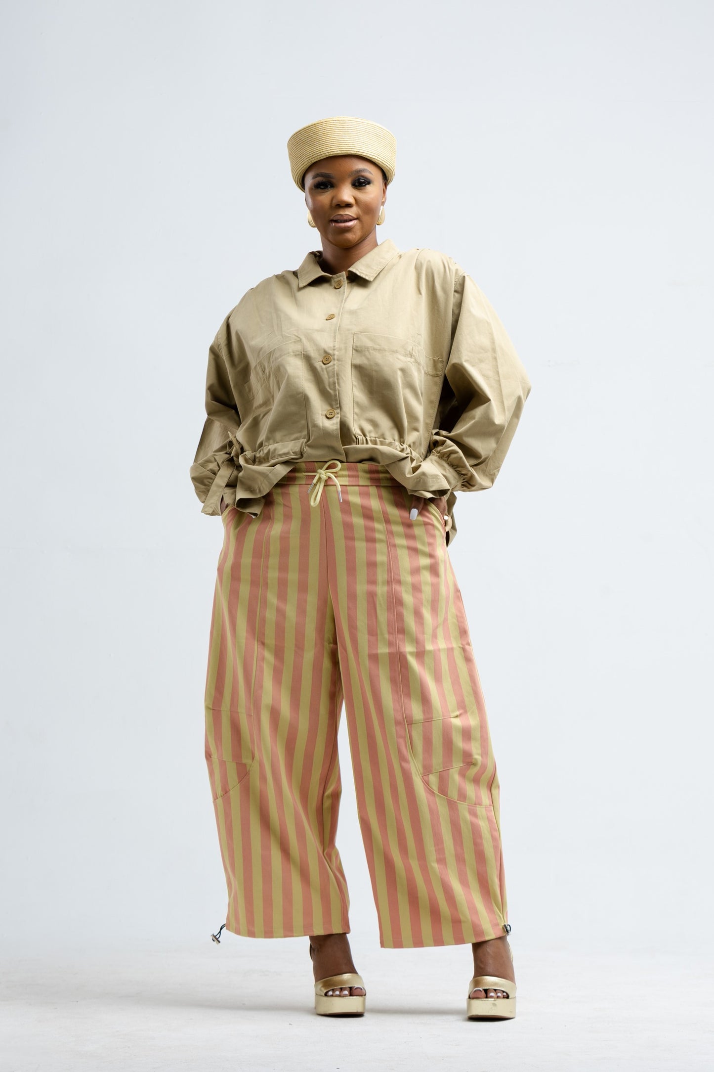 Beige Cinched Waist Balloon Jacket