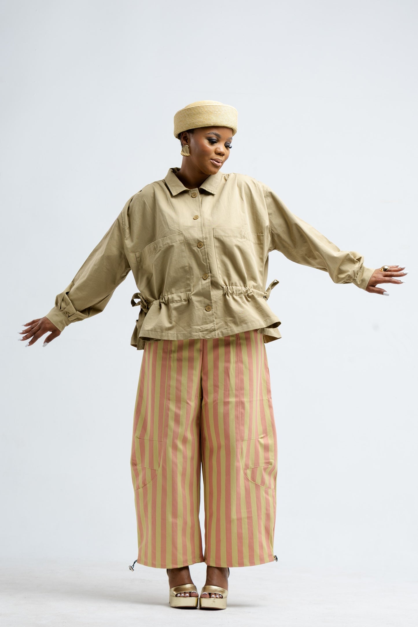Beige Cinched Waist Balloon Jacket