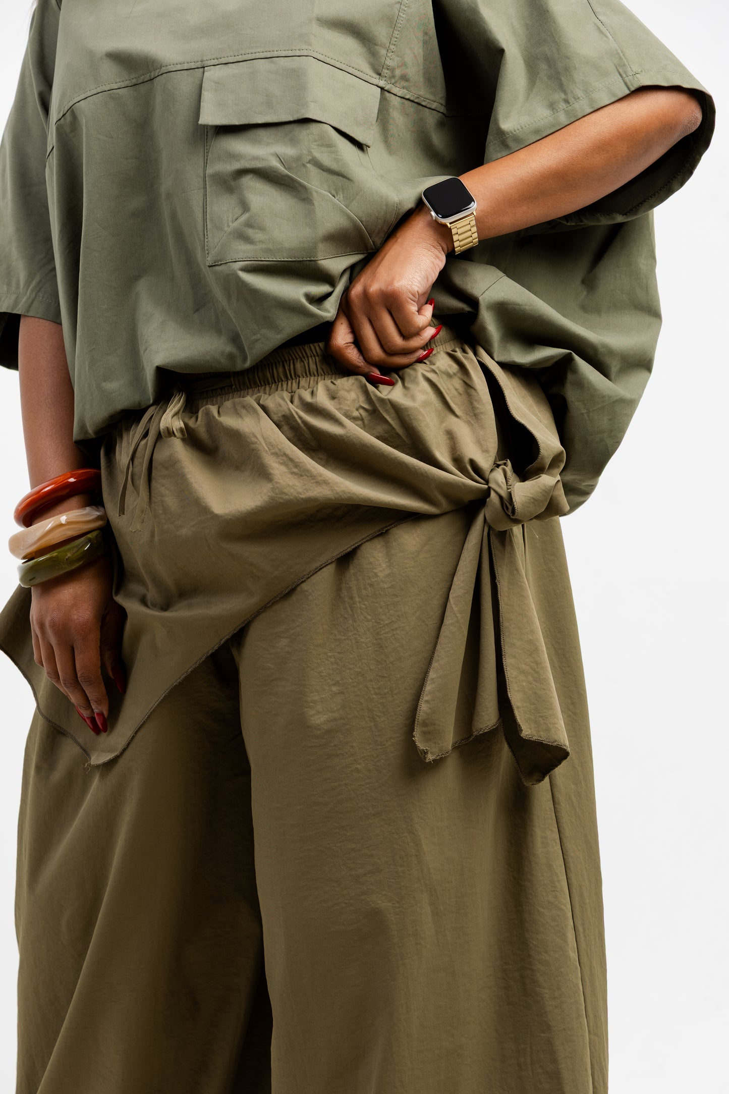 OLIVE BALLOON OVERLAY PANTS