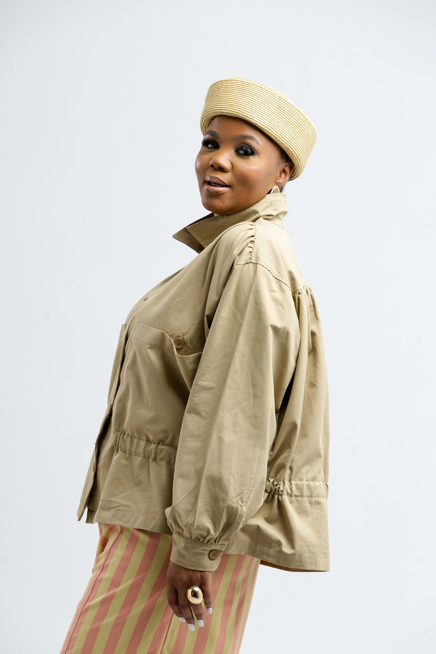Beige Cinched Waist Balloon Jacket