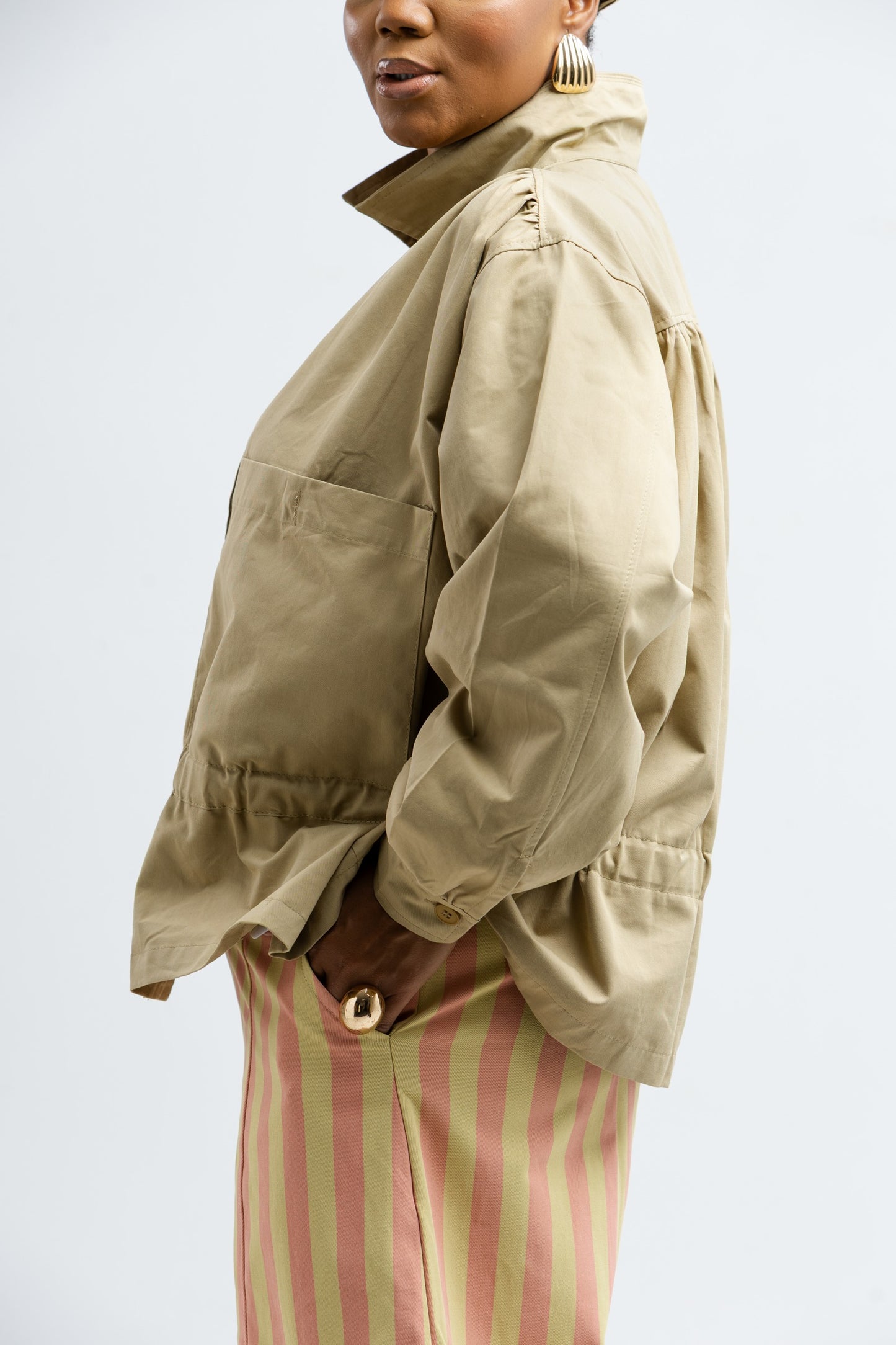 Beige Cinched Waist Balloon Jacket