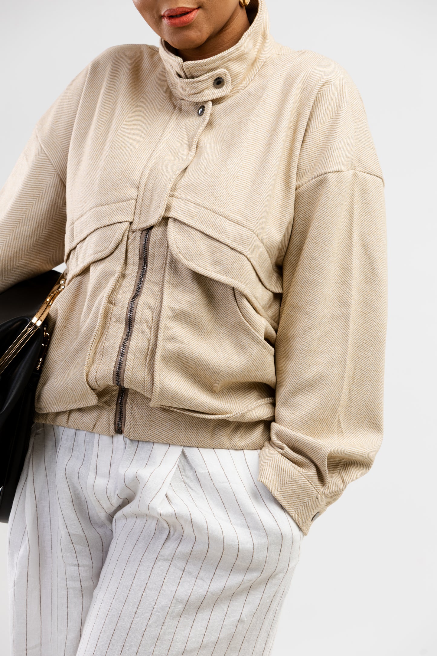 Beige tweed bomber