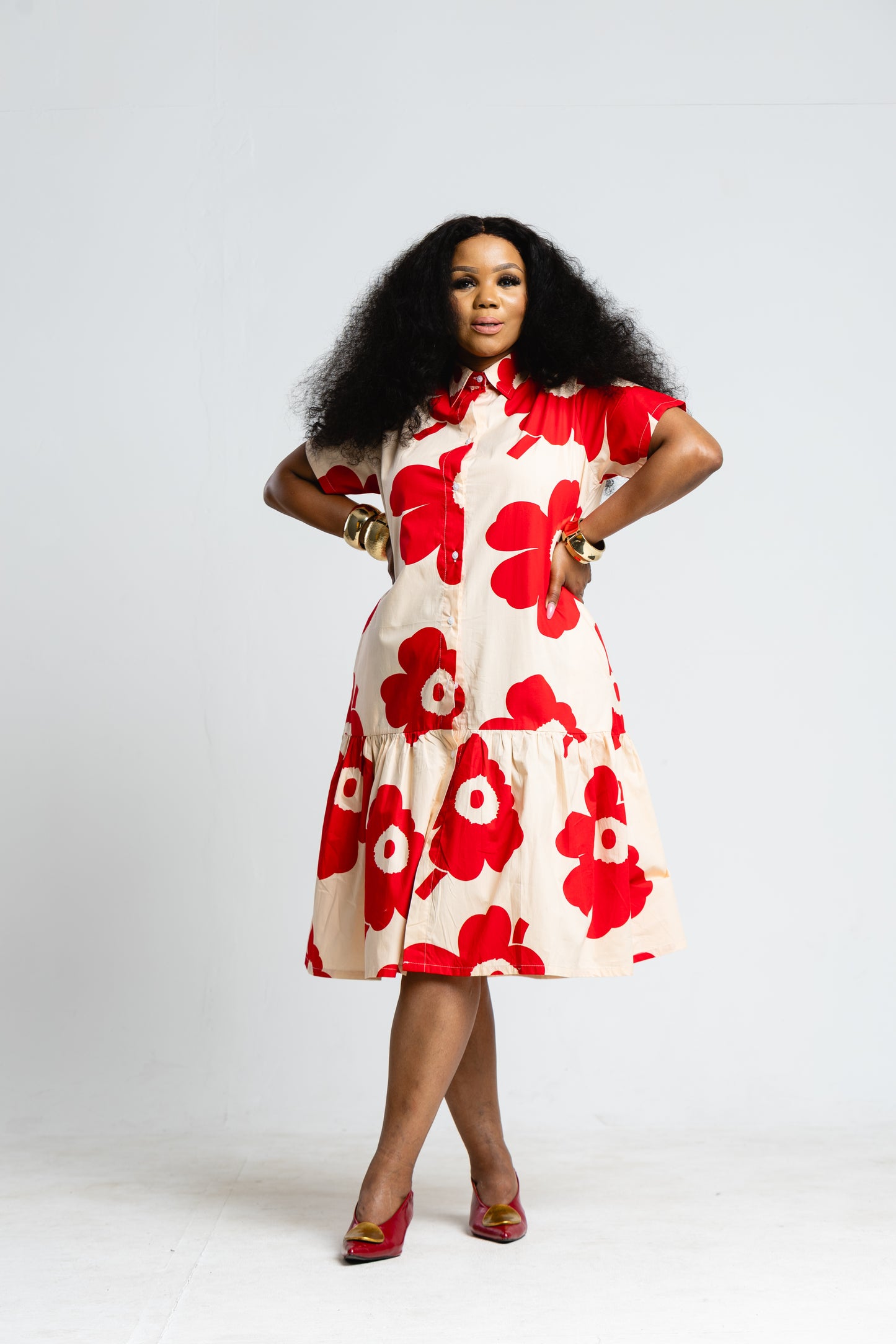 Red Print Drop-waist Dress
