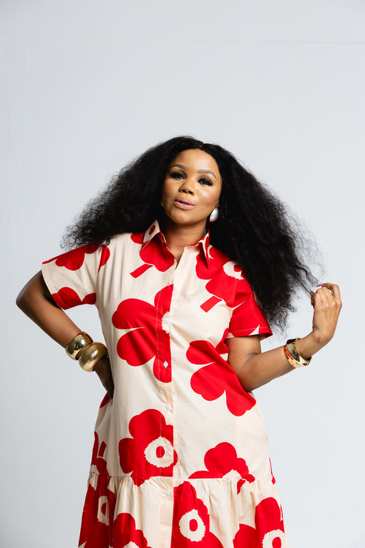 Red Print Drop-waist Dress