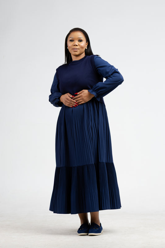 Grace Pleat Dress-Navy
