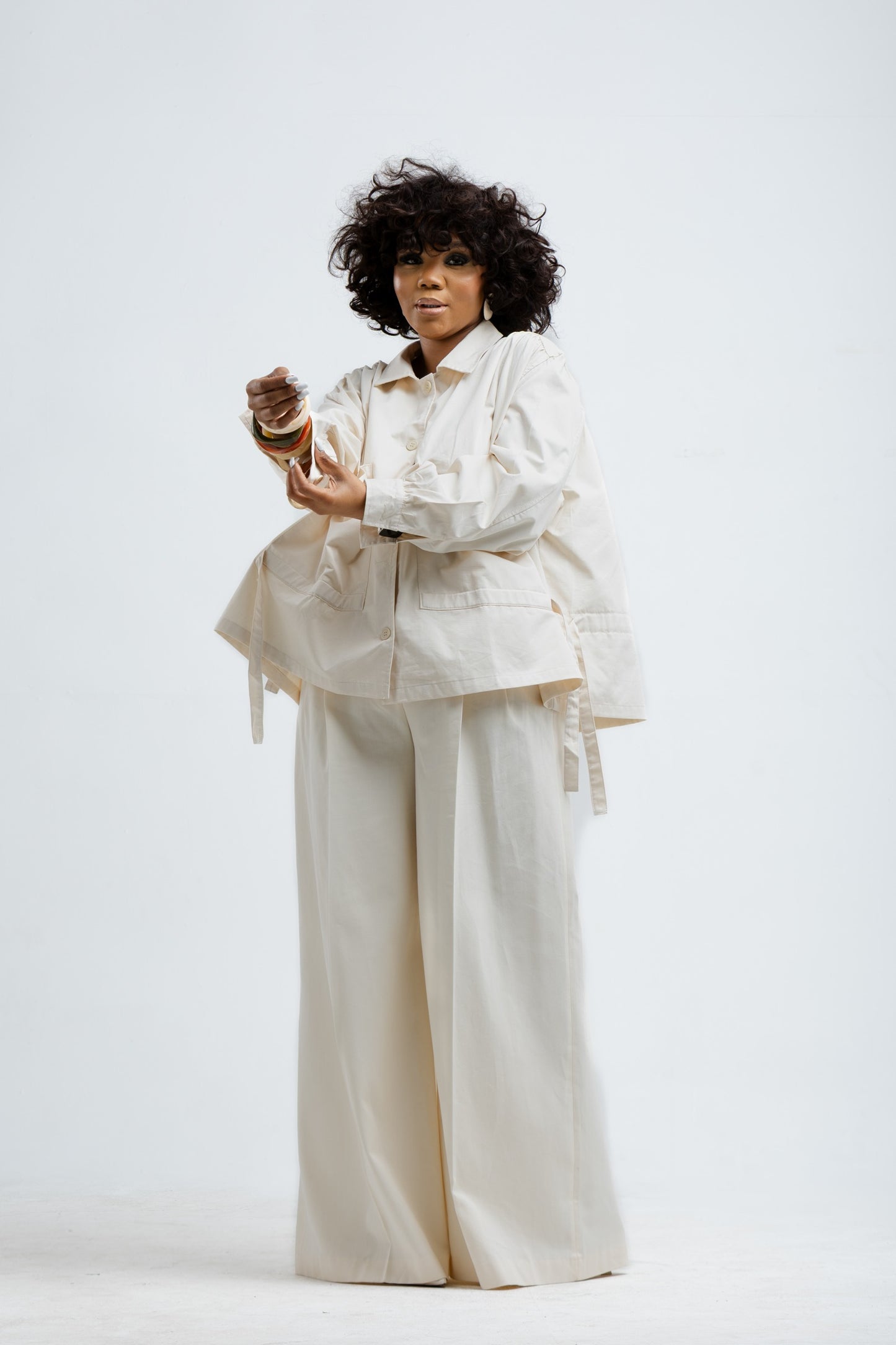 Cream Cinched Waist Balloon Jacket