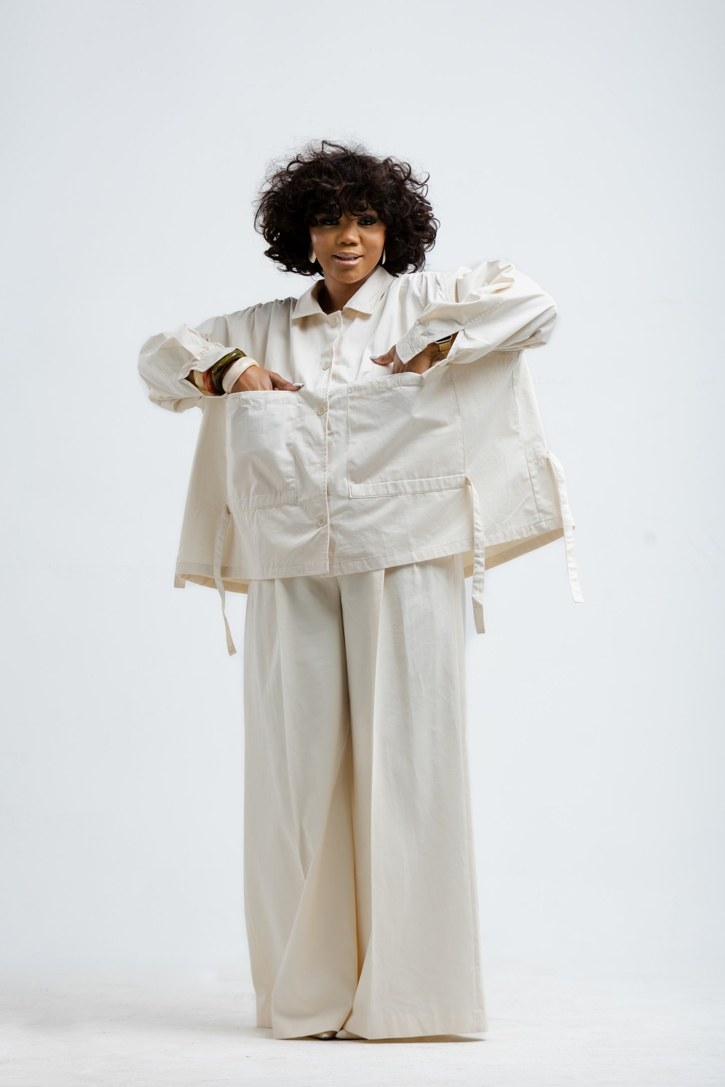 Cream Cinched Waist Balloon Jacket