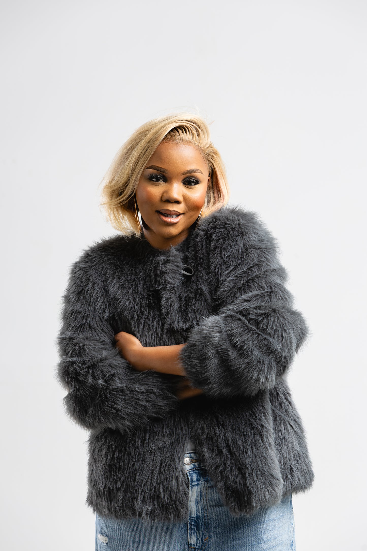 Grey faux fur coat