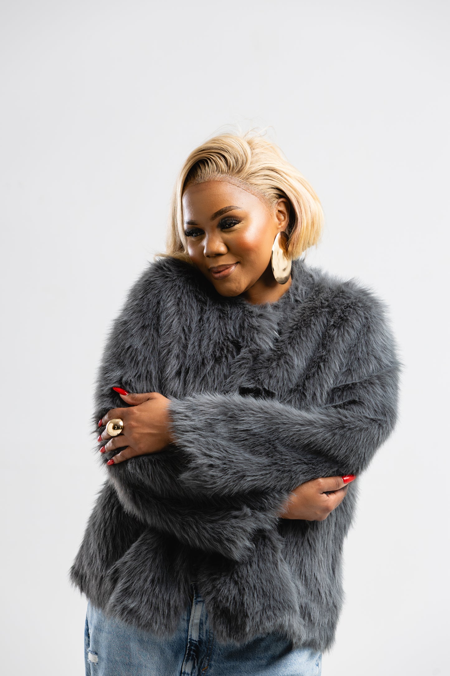 Grey faux fur coat