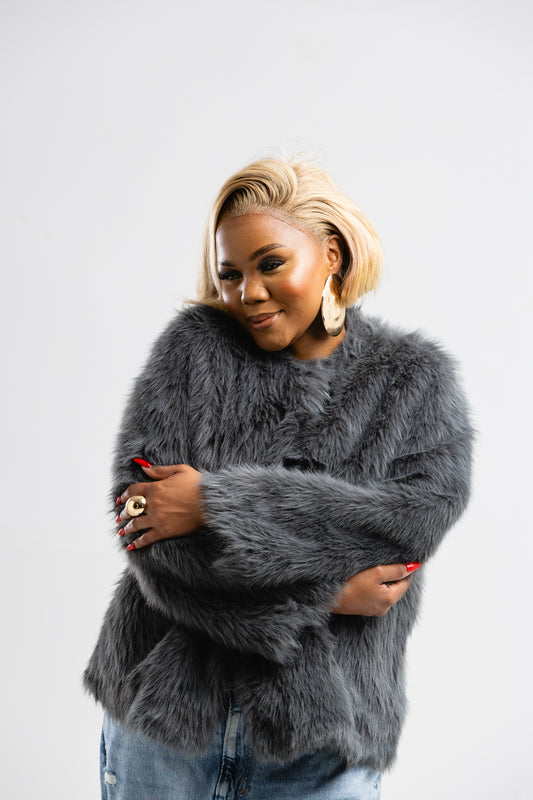 Grey faux fur coat