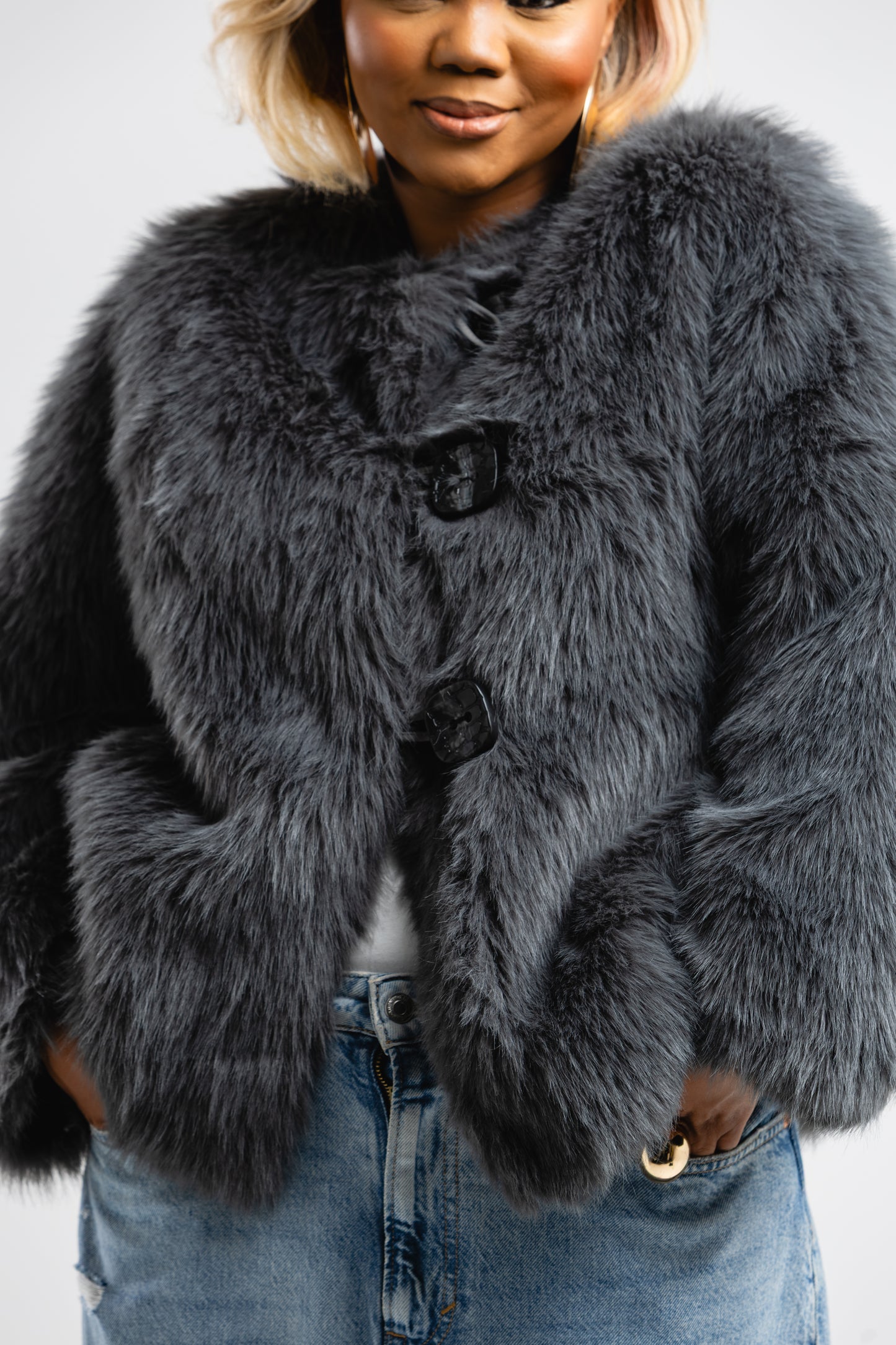 Grey faux fur coat