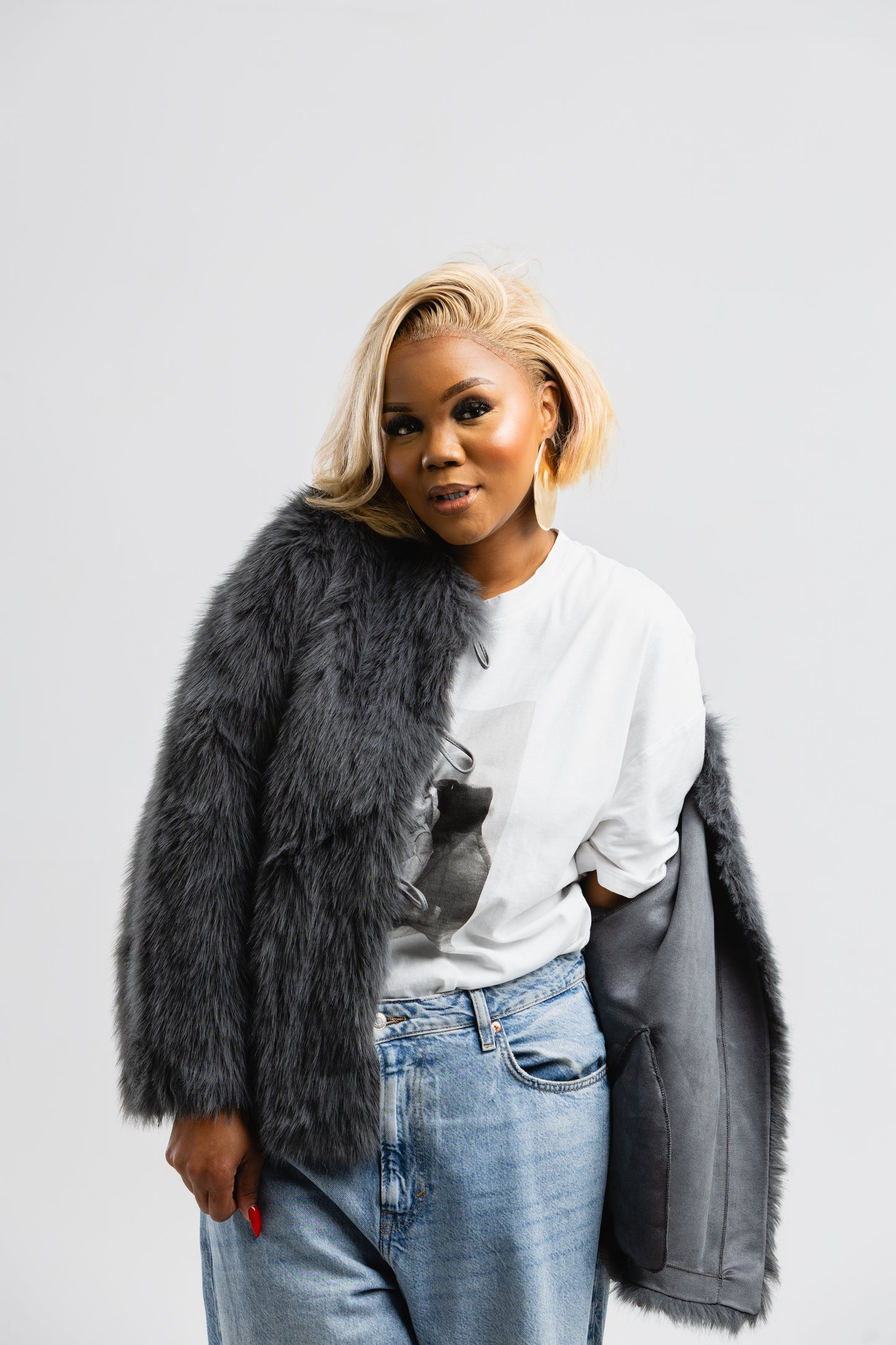Grey faux fur coat