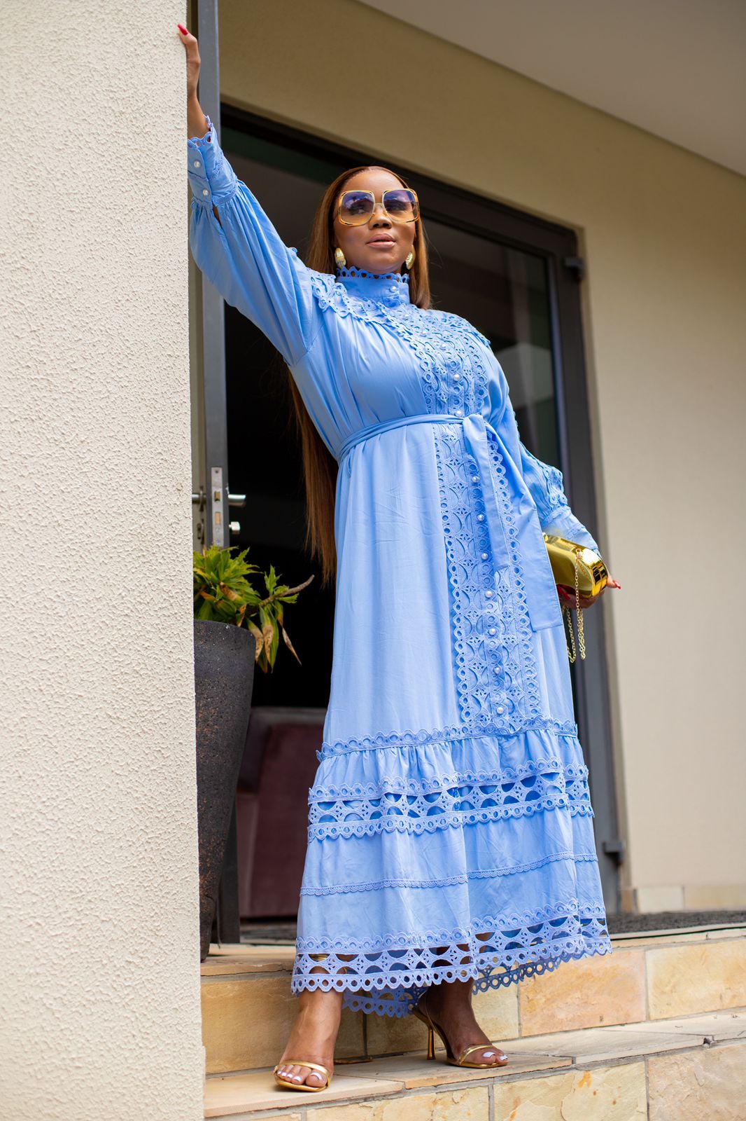 Blue Lace Up Maxi Dress