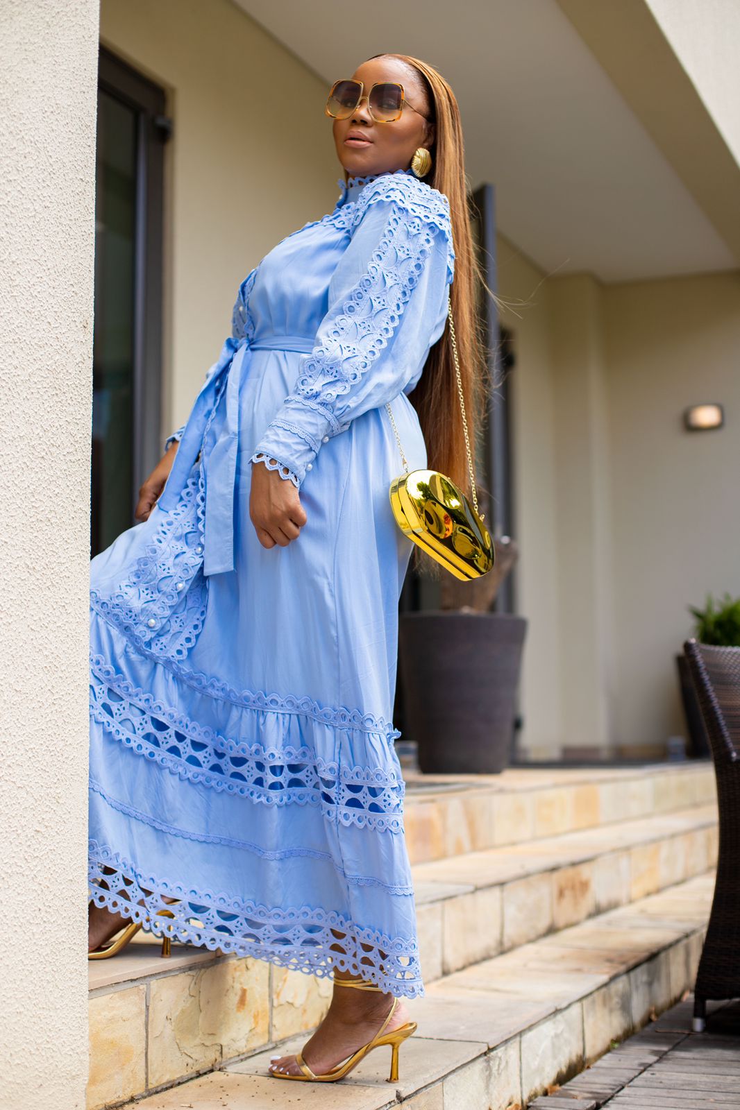 Blue Lace Up Maxi Dress